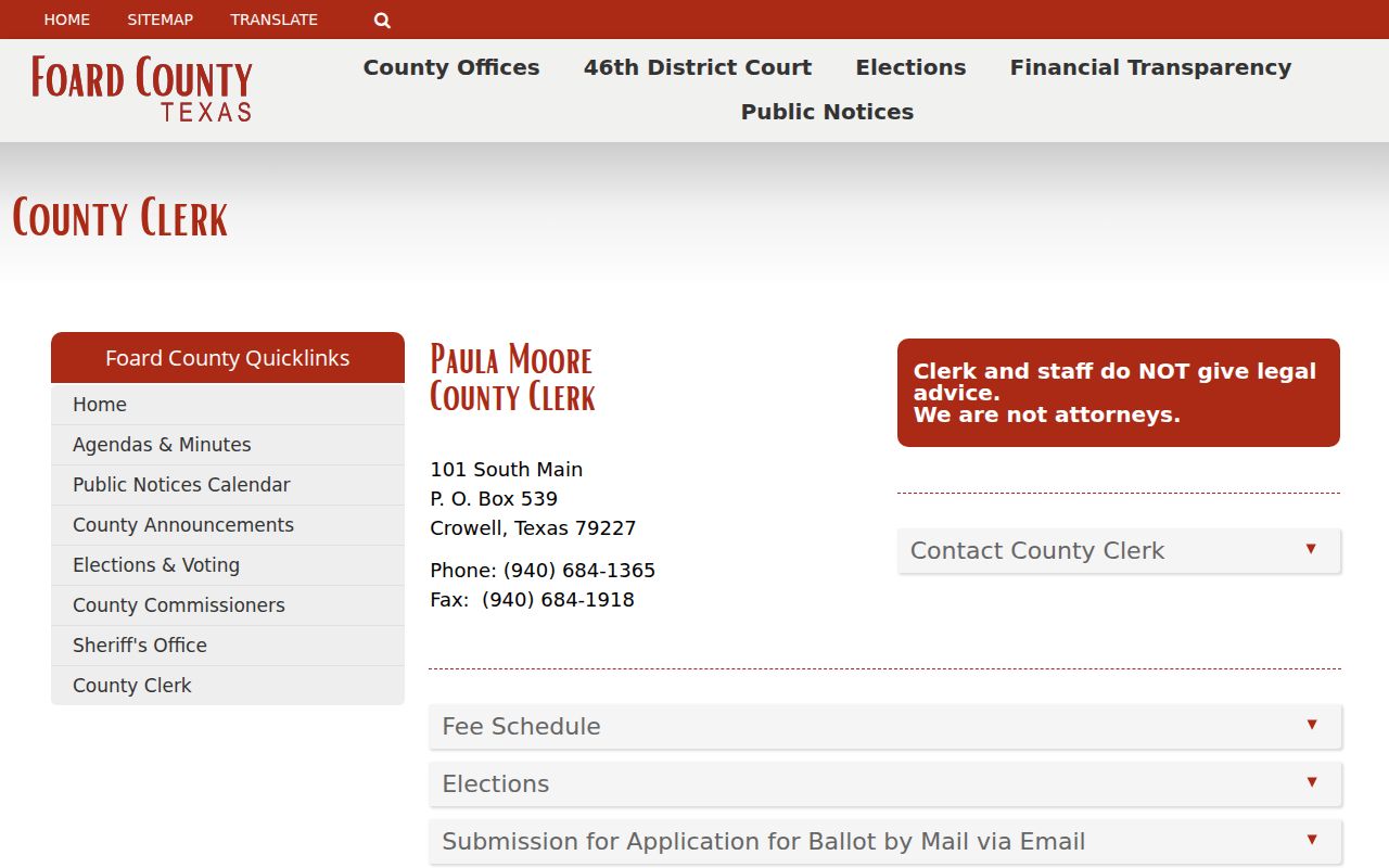 Foard County court case lookup at County Clerk page