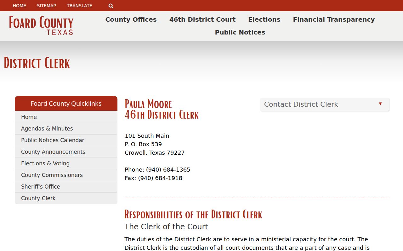 Foard County court case records and District Clerk duties