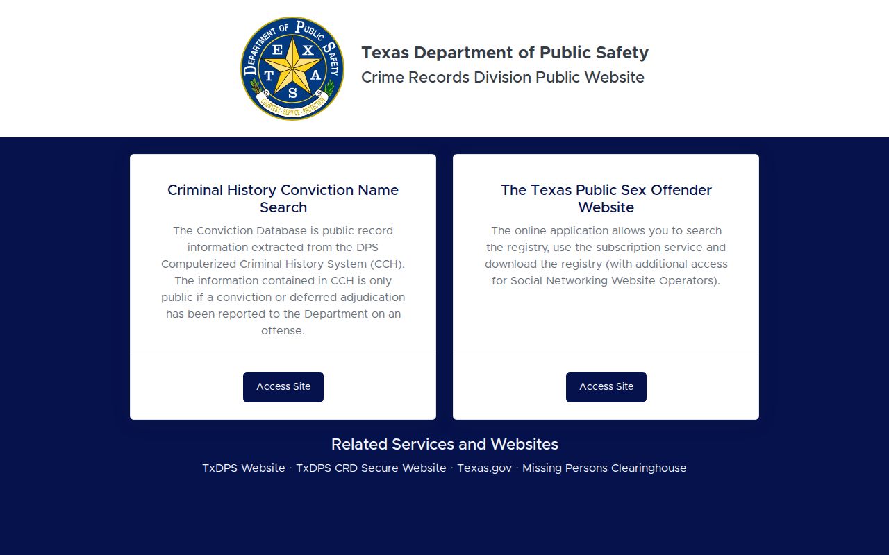 Texas DPS public criminal history search landing interface