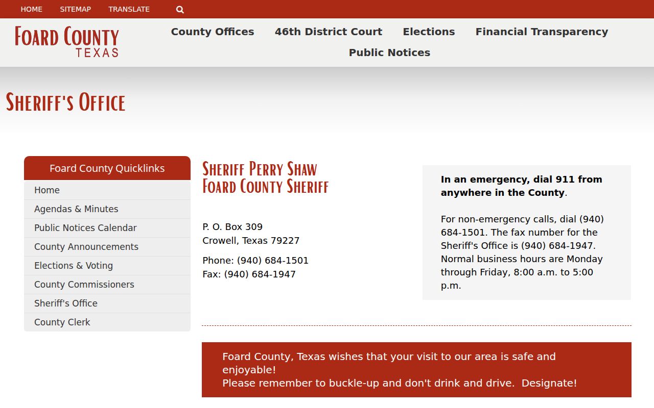 Foard County sheriff contact details and business hours
